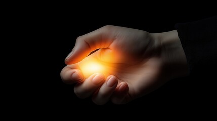 Fototapeta premium Hand holding a glowing object. The hand is illuminated by the light of the object, creating a sense of warmth and comfort