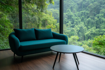 Fototapeta premium Modern Lounge with Scenic Nature Views from Window, Contemporary sofa and table set against a backdrop of lush green fores