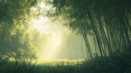 Sunlight filtering through a serene bamboo forest.