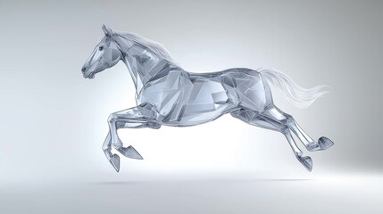 Horse is running in a white background. The horse is made of glass and has a very sleek and modern appearance. Concept of speed and elegance, as the horse appears to be in motion