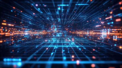 Futuristic digital network with glowing blue and orange lines.