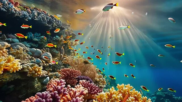 Underwater scene of a colorful coral reef with fish swimming through sunbeams.