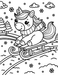 Unicorn rides on a sleigh. Merry Christmas unicorn coloring. Hand drawn vector illustration. Magical animal. Coloring book pages for adults and kids. Winter. Snow is falling. 