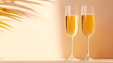 Two champagne flutes on a table, warm beige background, soft lighting, plenty of space for text on one side