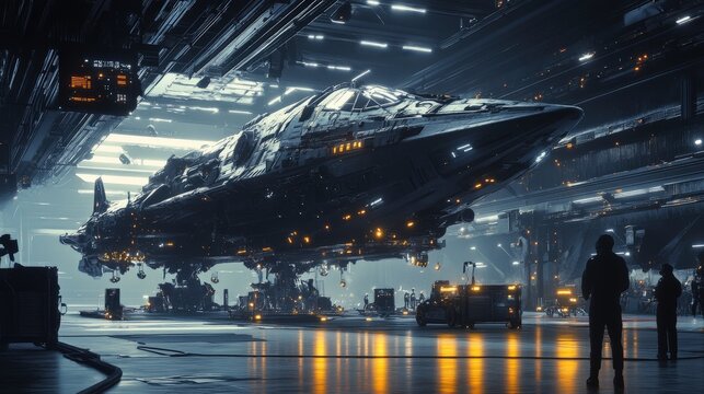 Futuristic spaceship docked in a high-tech space station hangar.
