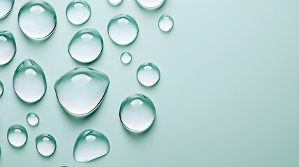 Water droplets randomly scattered on a soft light green background, smooth and fresh surface, reflecting purity and calmness