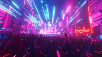 Vibrant crowd under neon lights at a futuristic music festival.