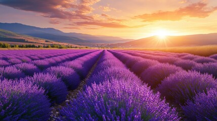 Vibrant lavender field at sunrise under a colorful sky.