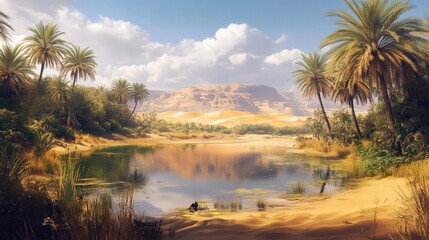 Serene desert oasis with lush greenery and distant mountains.