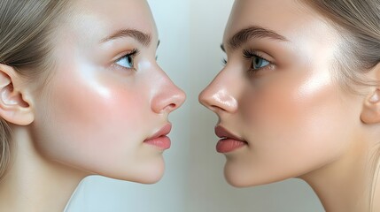 Testimonial image of a woman before and after rhinoplasty, showcasing the refined nose shape and improved facial harmony, side-by-side comparison, Photorealistic, Soft Lighting