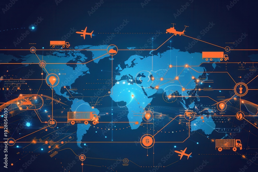 Aufkleber highlighted transport routes are illustrated on a global map, showcasing different vehicles from air