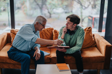 A thoughtful senior mentor provides guidance to a young student seated on a comfortable sofa,...