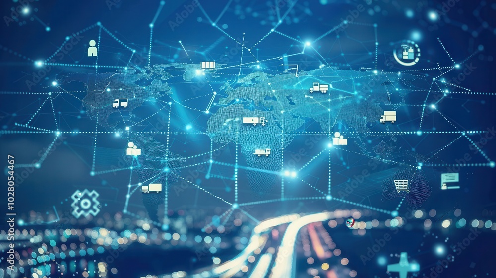 Fototapete Highlighted transport routes connect major locations on a global map, showcasing different transport modes and their networks. Generative AI