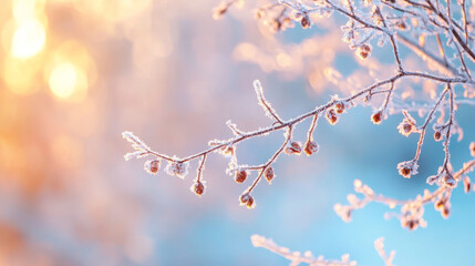 Frost covering branches of tree in early morning light creates serene and magical atmosphere.