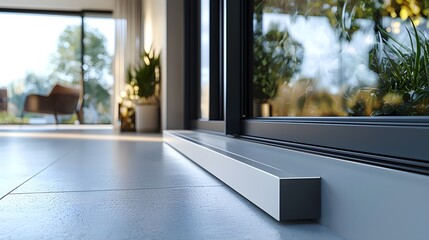 Fototapeta premium Sharp focus on window profile edge, sleek aluminum frame with weatherproof sealing, positioned on smooth white sill, room for text