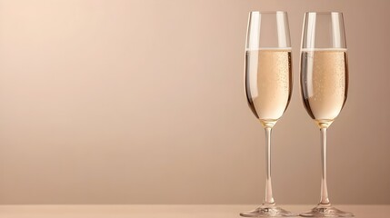 Stylish champagne glasses on a neutral beige backdrop, blurred, with space for text, celebrating elegance and sophistication