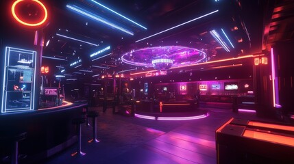 Vibrant nightclub interior with colorful neon lighting.