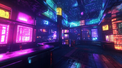 Obraz premium Futuristic neon-lit cityscape with vibrant, colorful signs.