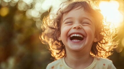 Close-up of a child laughing with pure joy, natural light, soft focus,