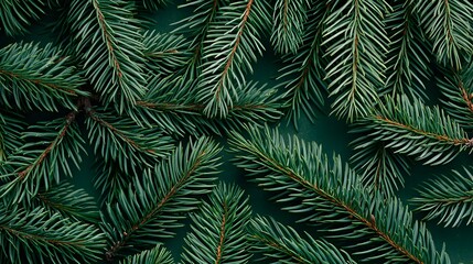 Top view flat lay of Christmas tree branches forming a lush green texture, festive seasonal background, soft natural light, perfect for holiday themes