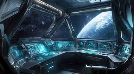 Futuristic spaceship cockpit overlooking Earth and outer space.