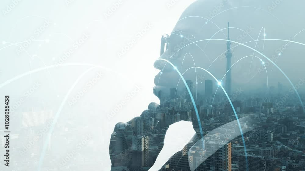 Poster mixed media of a man's profile and communication network concept