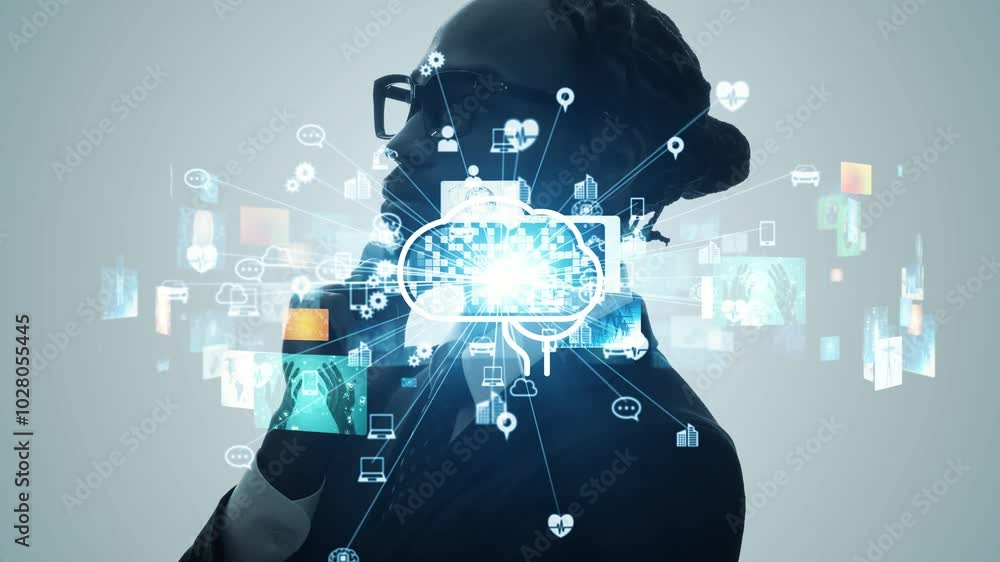 Poster Mixed media of male engineer and image generating AI concept