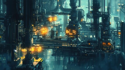 Futuristic cityscape with glowing neon lights and towering structures.