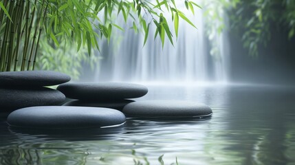 Serene waterfall with smooth stones and lush bamboo.