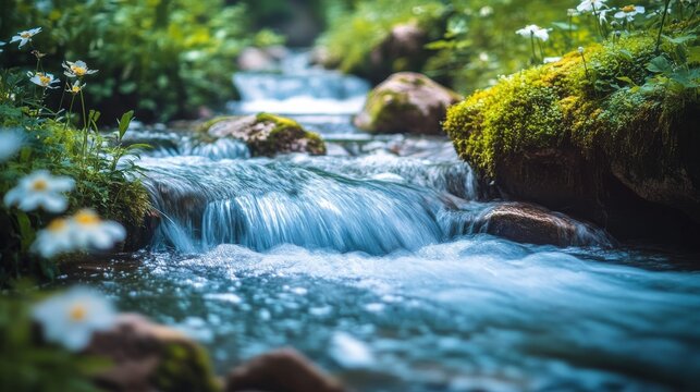 A close-up of calming nature sounds represented by soft flowing rivers, peaceful setting, perfect for relaxation,