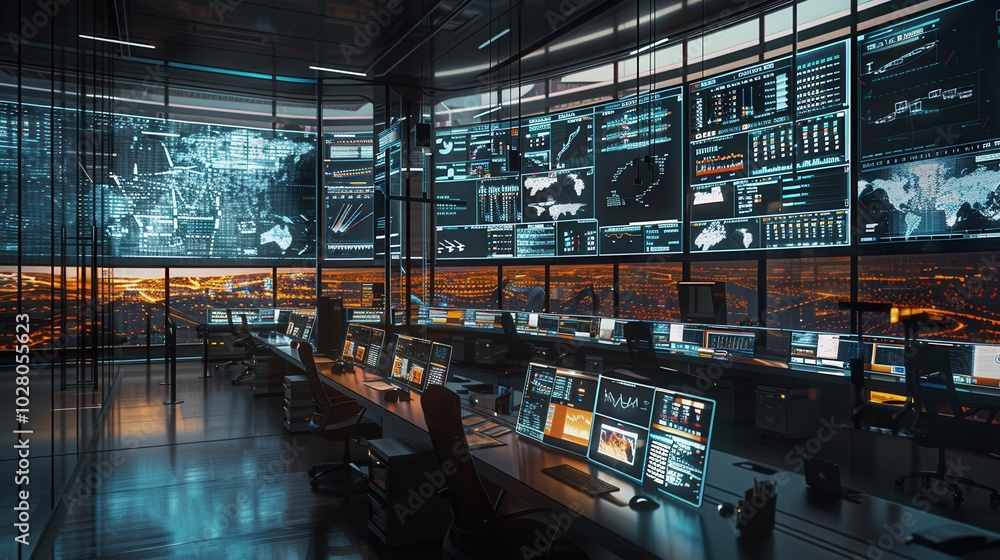 Poster in a logistics control center, screens display real-time delivery data and route analytics, overseei