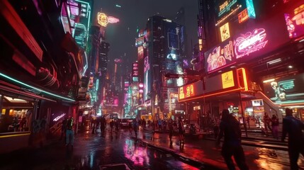 Vibrant neon-lit cityscape at night with bustling crowds.