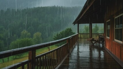 Rainy day on a scenic wooden porch overlooking a misty green valley in the mountains