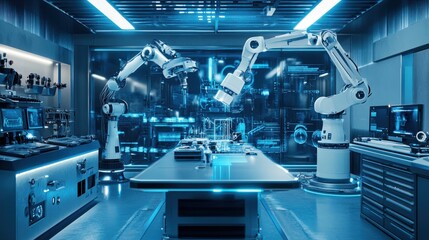 Futuristic robotic arms in a high-tech laboratory setting.
