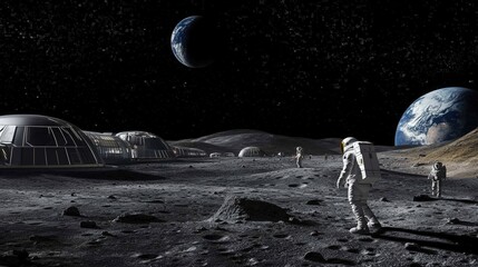 Astronauts explore a futuristic lunar base under a starry sky.