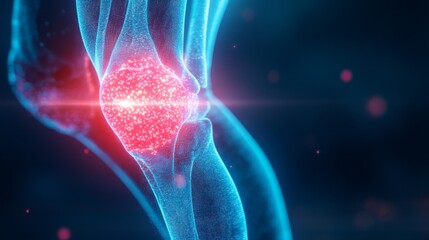 Skeleton knee with digital hologram highlighting osteoarthritis, futuristic joint support glowing in neon blue and red, 3D Render, Holographic Sci-Fi Illustration