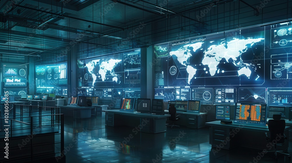 Poster a logistics control center features large screens displaying real-time delivery and route informatio