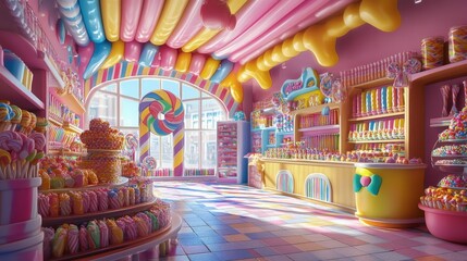 Colorful candy shop filled with vibrant sweets and lollipops.