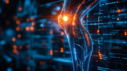 Skeleton's knee projected in a holographic medical scan, with blue healing circuits and glowing sci-fi technology surrounding the injury, Futuristic, 3D render
