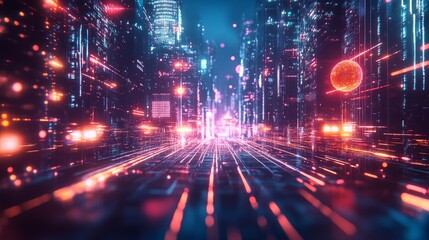 Fototapeta premium Sleek matte capsules hover on a glowing digital grid, surrounded by floating holograms and pulsing neon energy fields in a cyberpunk metropolis