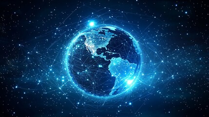 A digital representation of Earth with a glowing network of lines and dots.