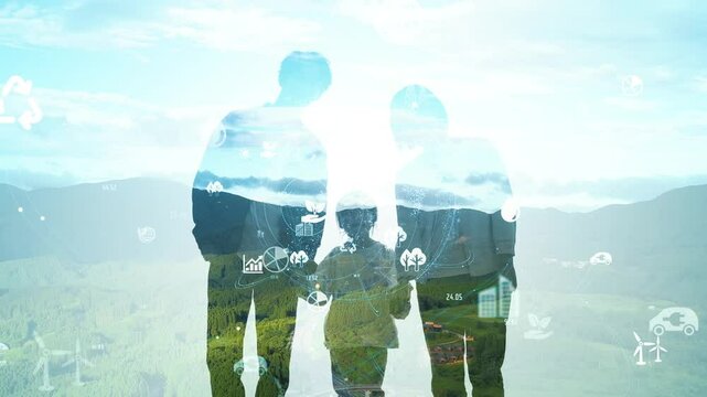 Mixed media of family with children and environmental technology concept