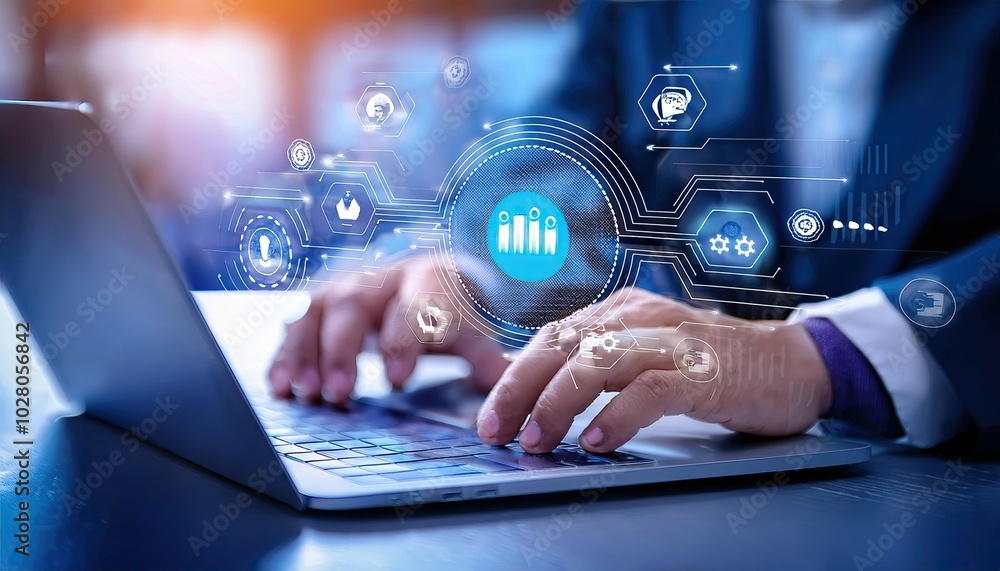 Poster businessmen utilize laptops with productivity icons to run their industries in an effective and effi