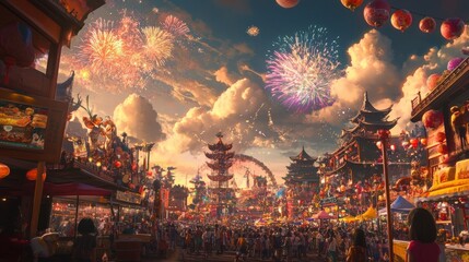 Fototapeta premium Vibrant festival celebration with fireworks and lanterns lighting the night.