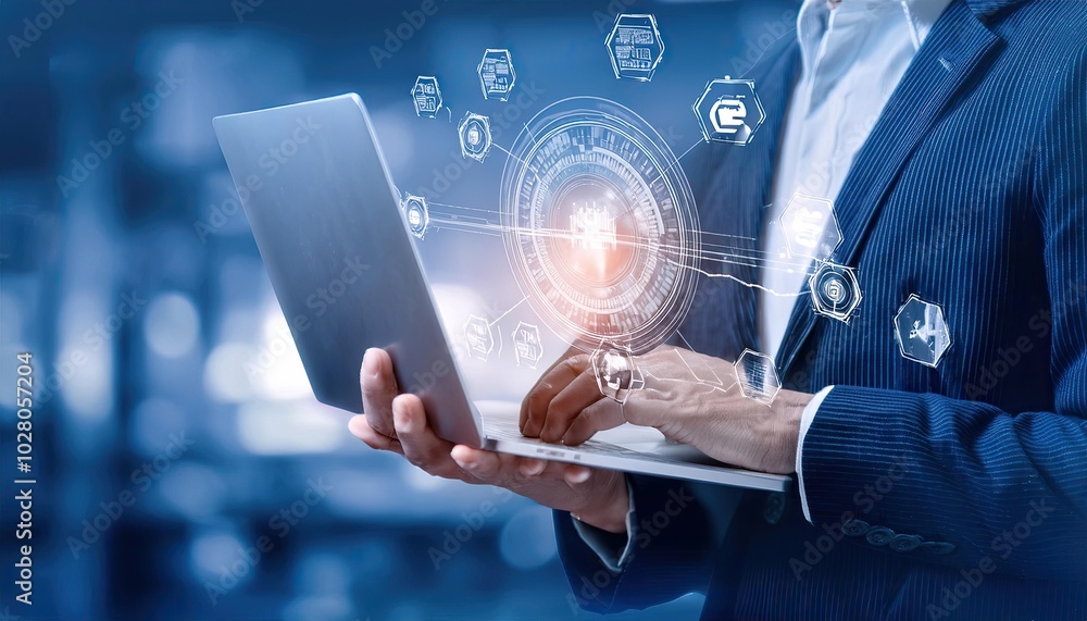 Poster businessmen utilize laptops with productivity icons to run their industries in an effective and effi