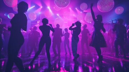 Silhouettes dancing in a vibrant nightclub with pink lights.