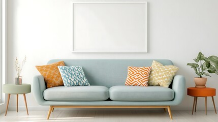 Fototapeta premium An eclectic living room filled with vibrant decor, patterned cushions, and a blank white frame above a vintage sofa, offering a canvas for unique artwork or photos.