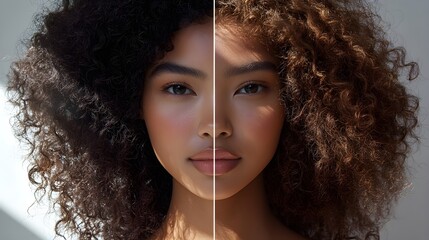Split image of natural curls before and after deep conditioning with honey, highlighting frizz control and enhanced curl pattern, Realistic Photography, Soft Background