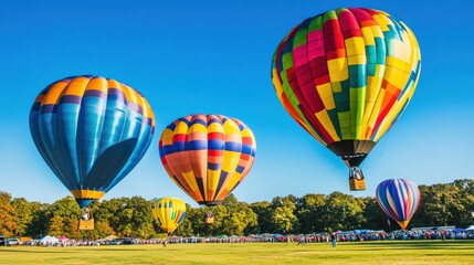 Naklejka premium Vibrant hot air balloons soar over a field on a sunny day.