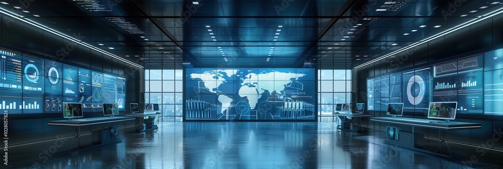 Poster the control center features multiple large screens showcasing real-time delivery routes and logistic